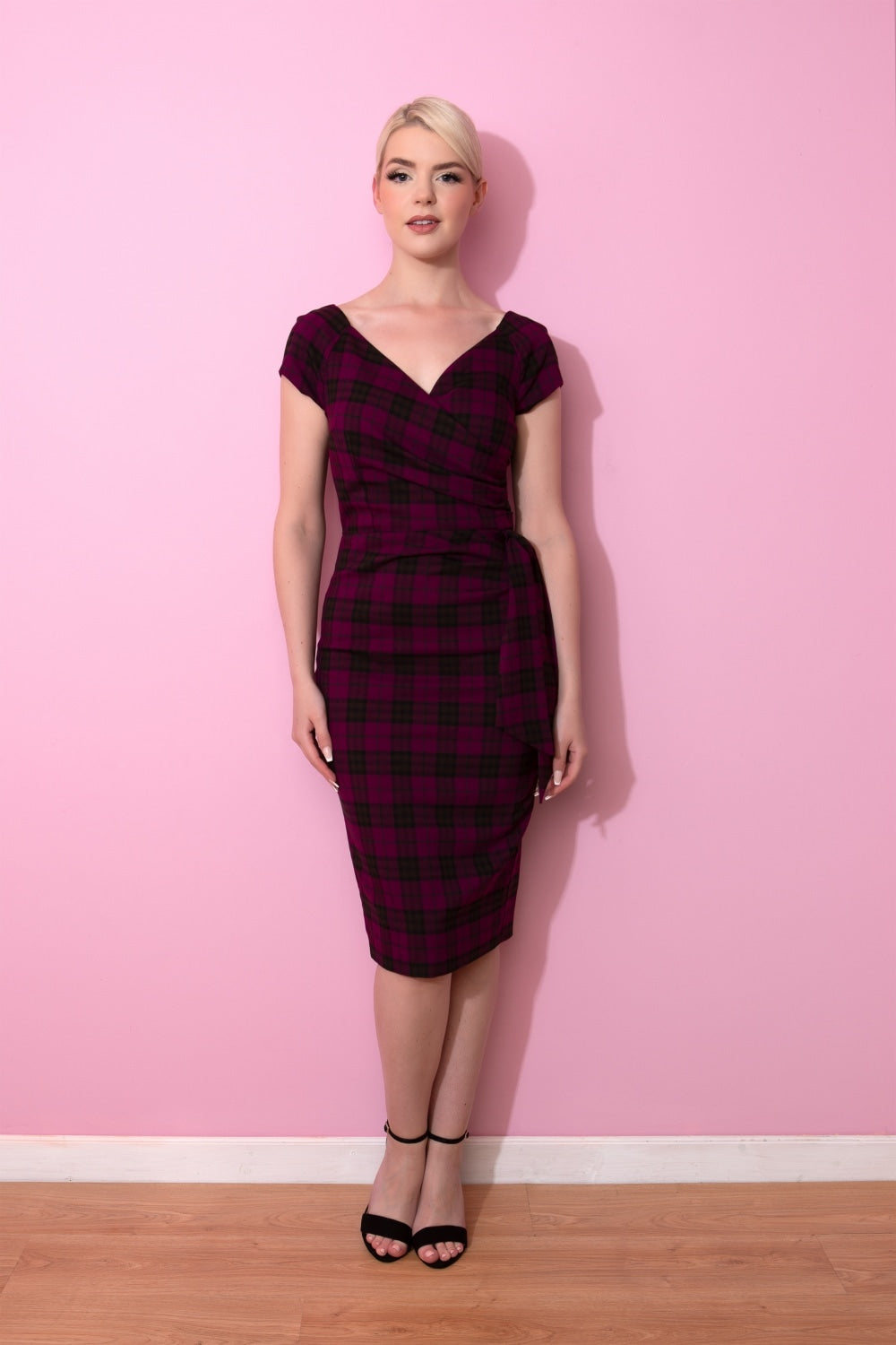 Hourglass Tartan Faux Wrap Pencil Dress