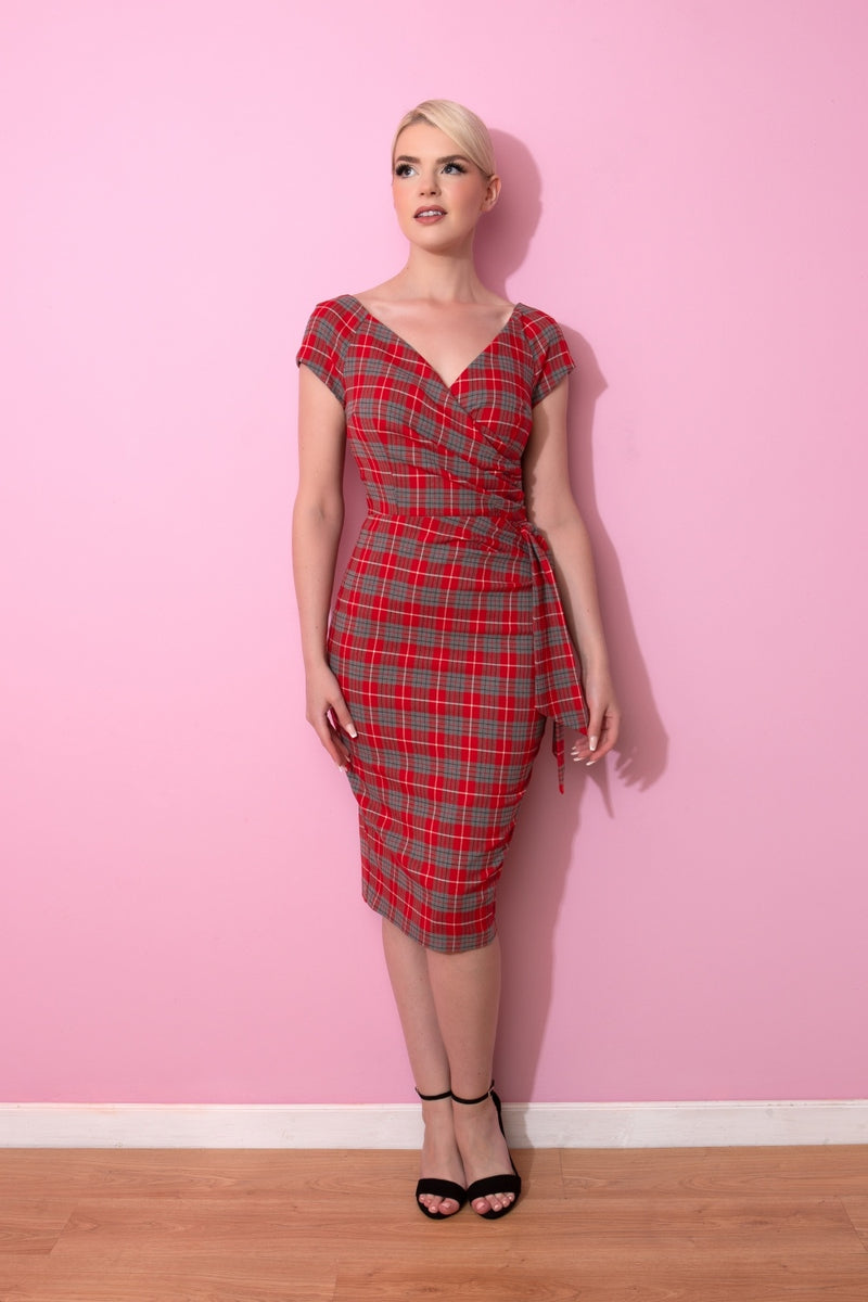 Hourglass Tartan Faux Wrap Pencil Dress - Red & Grey
