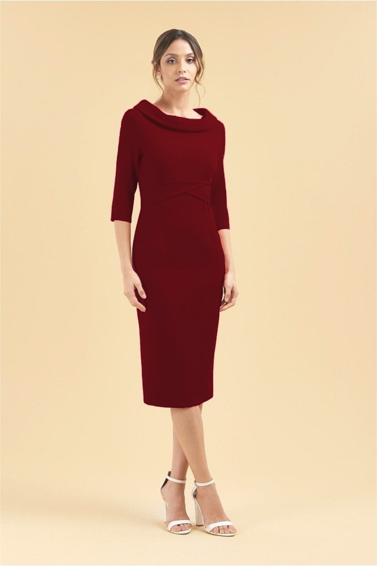Kennedy Roll Collar Pencil Dress in ivory stretch crepe – vintage-inspired occasion-wear by The Pretty Dress Company