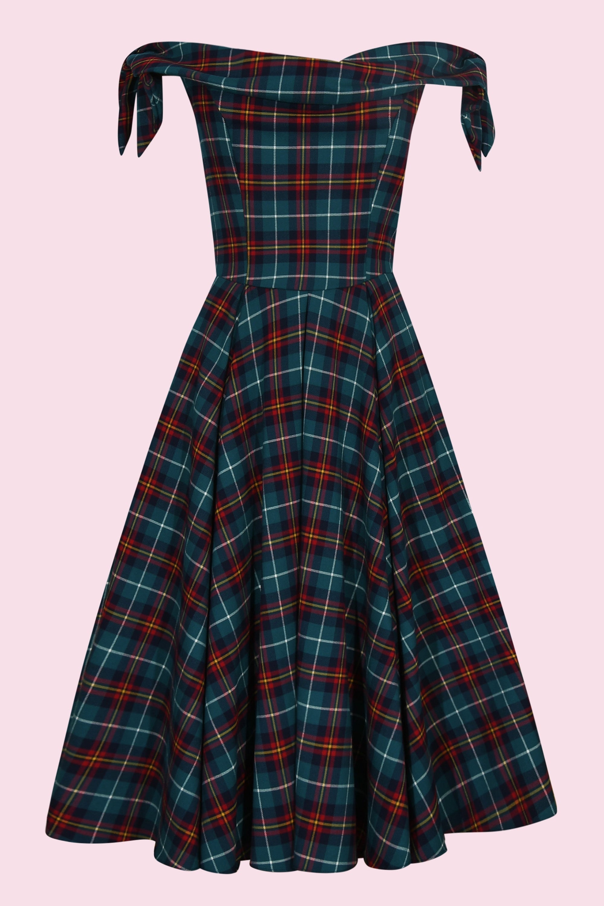 Tilly Tartan Off The Shoulder Prom Dress 18 / Forest & Navy