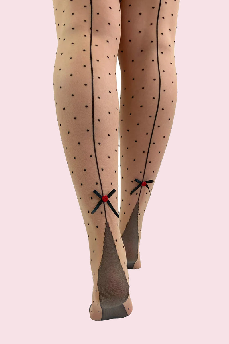 Polka Dot Rose Detail Seamed Tights - Black/Nude
