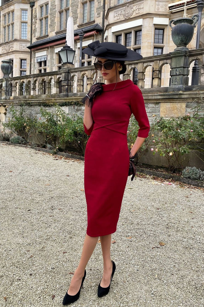 Kennedy Roll Collar Pencil Dress - Bordeaux