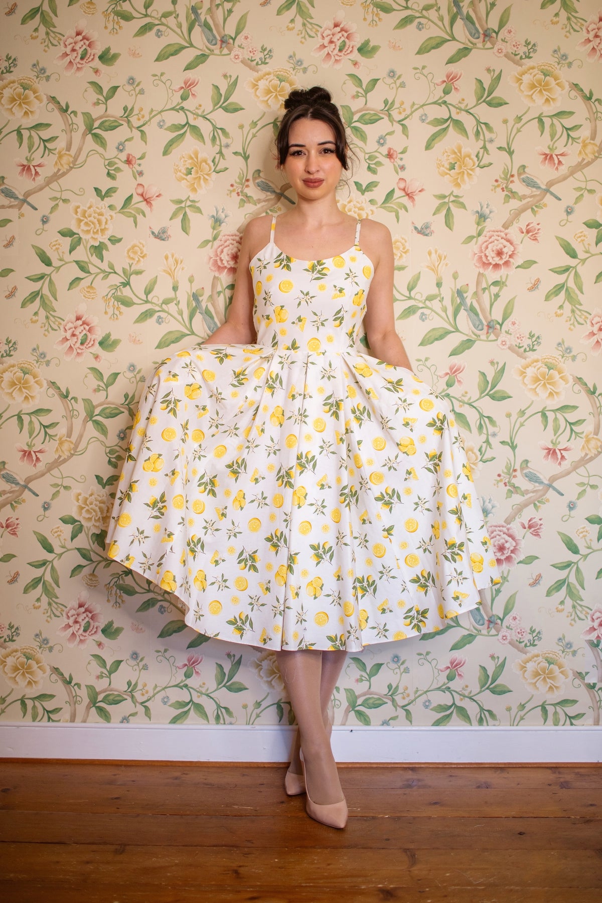 Priscilla Lemon Print Cotton Midi Dress