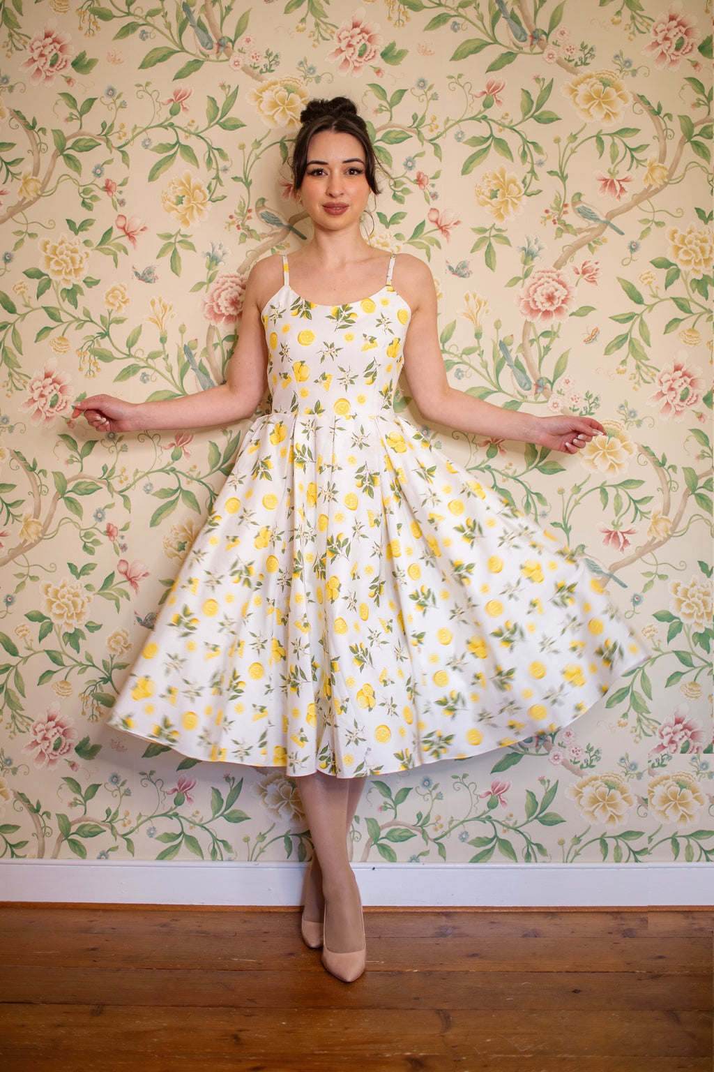 Priscilla Lemon Print Cotton Midi Dress