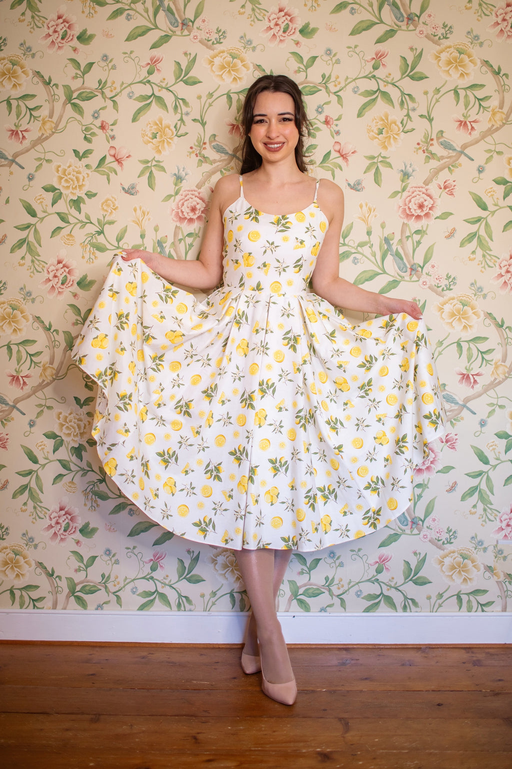 Priscilla Lemon Print Cotton Midi Dress