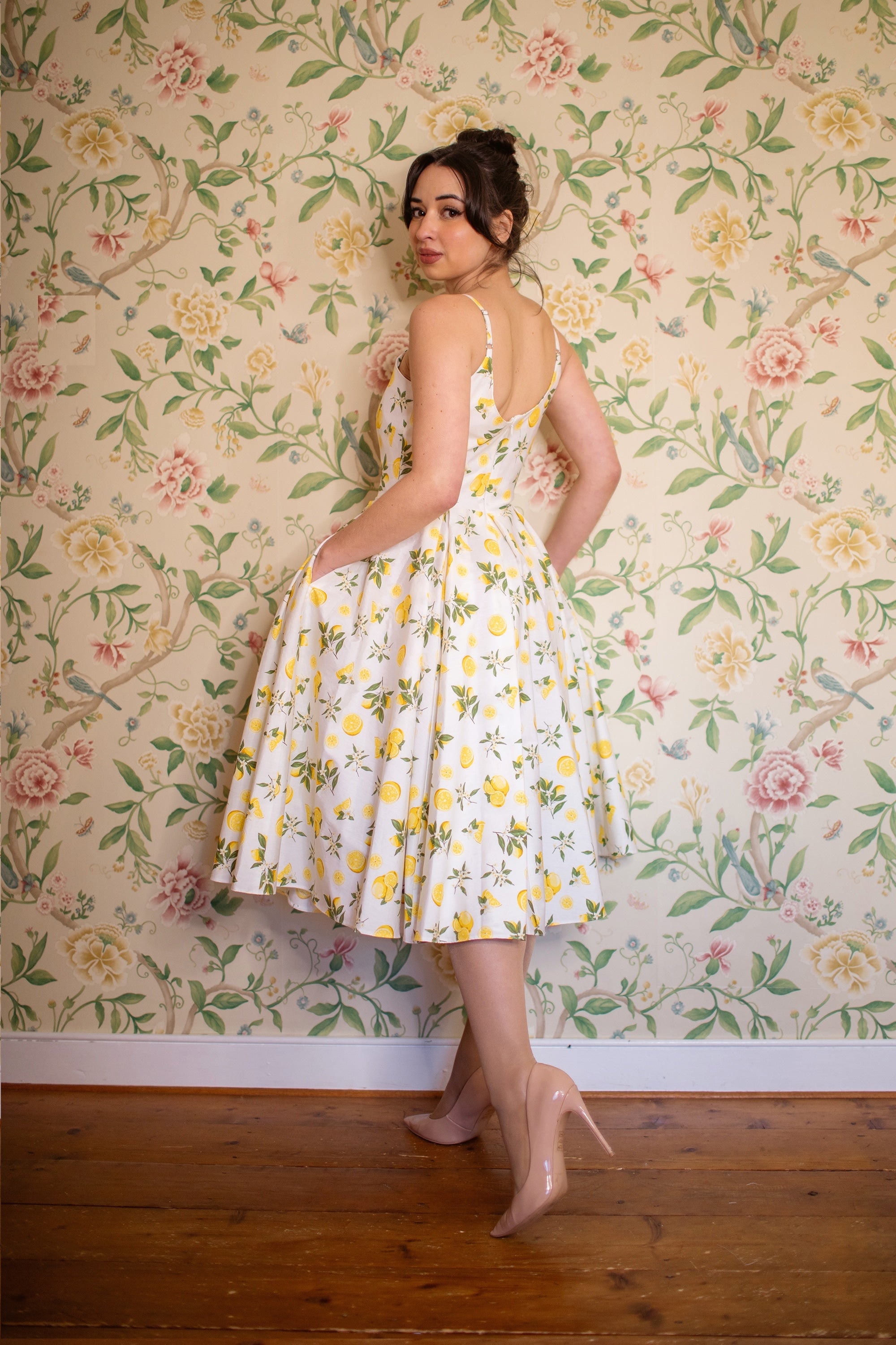 Priscilla Lemon Print Cotton Midi Dress
