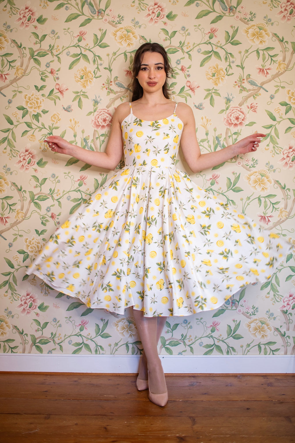 Priscilla Lemon Print Cotton Midi Dress