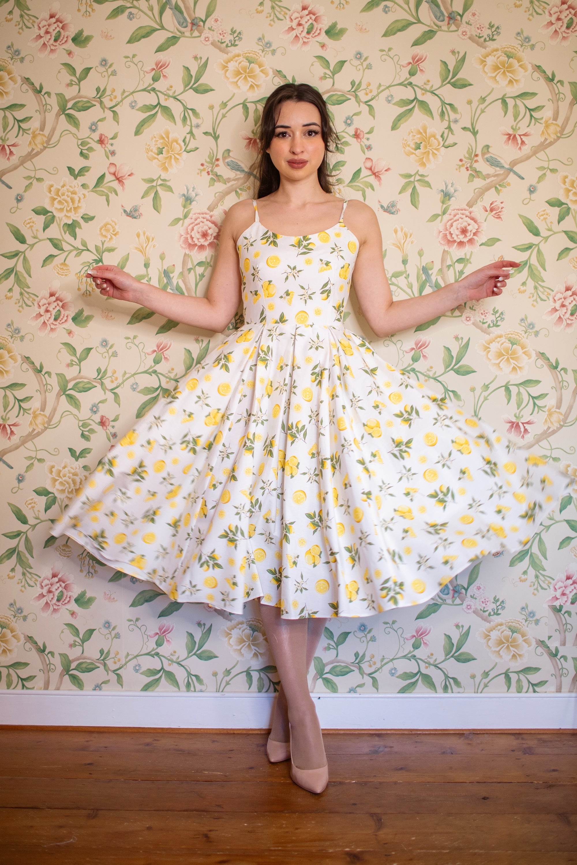 Priscilla Lemon Print Cotton Midi Dress