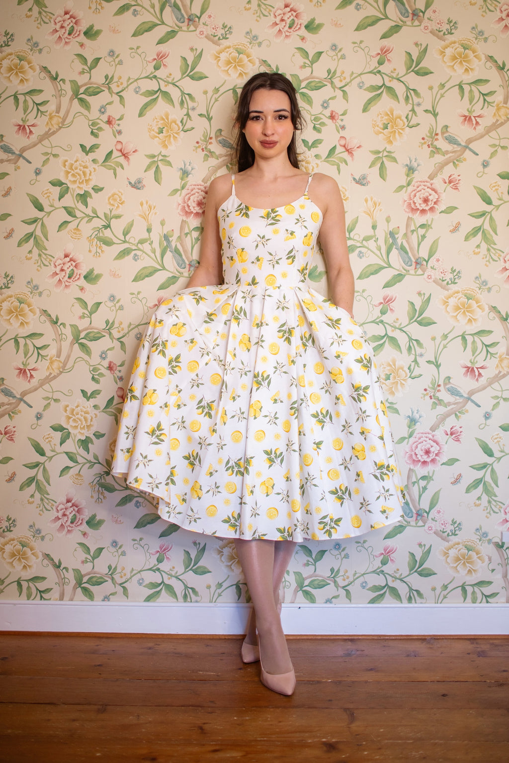 Priscilla Lemon Print Cotton Midi Dress