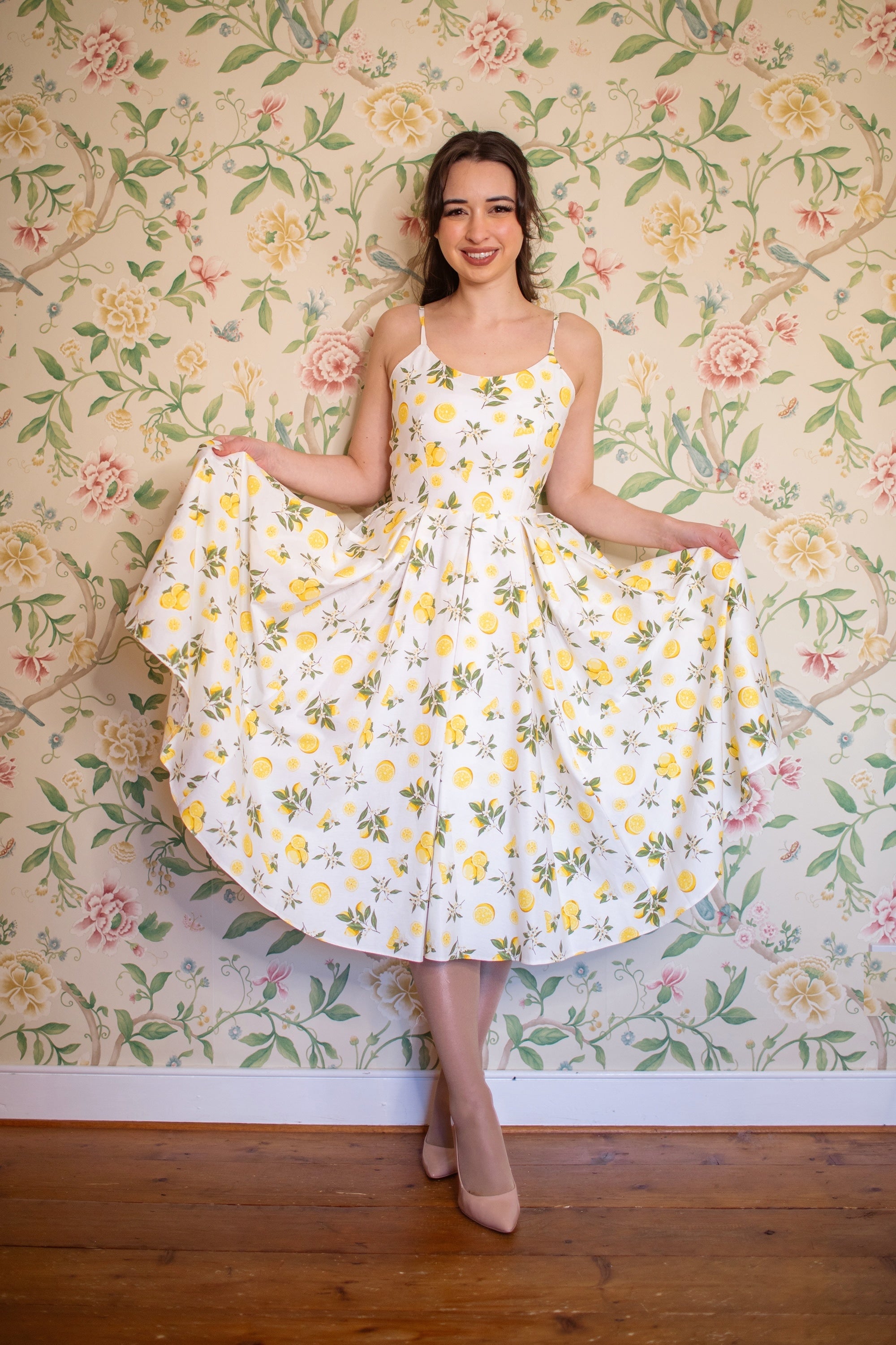 Priscilla Lemon Print Cotton Midi Dress