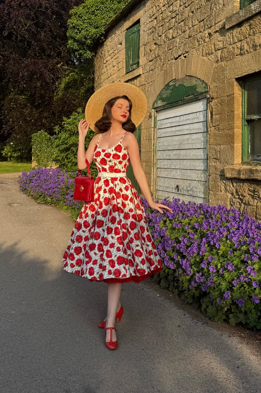 Priscilla Red Rose Cotton Midi Dress