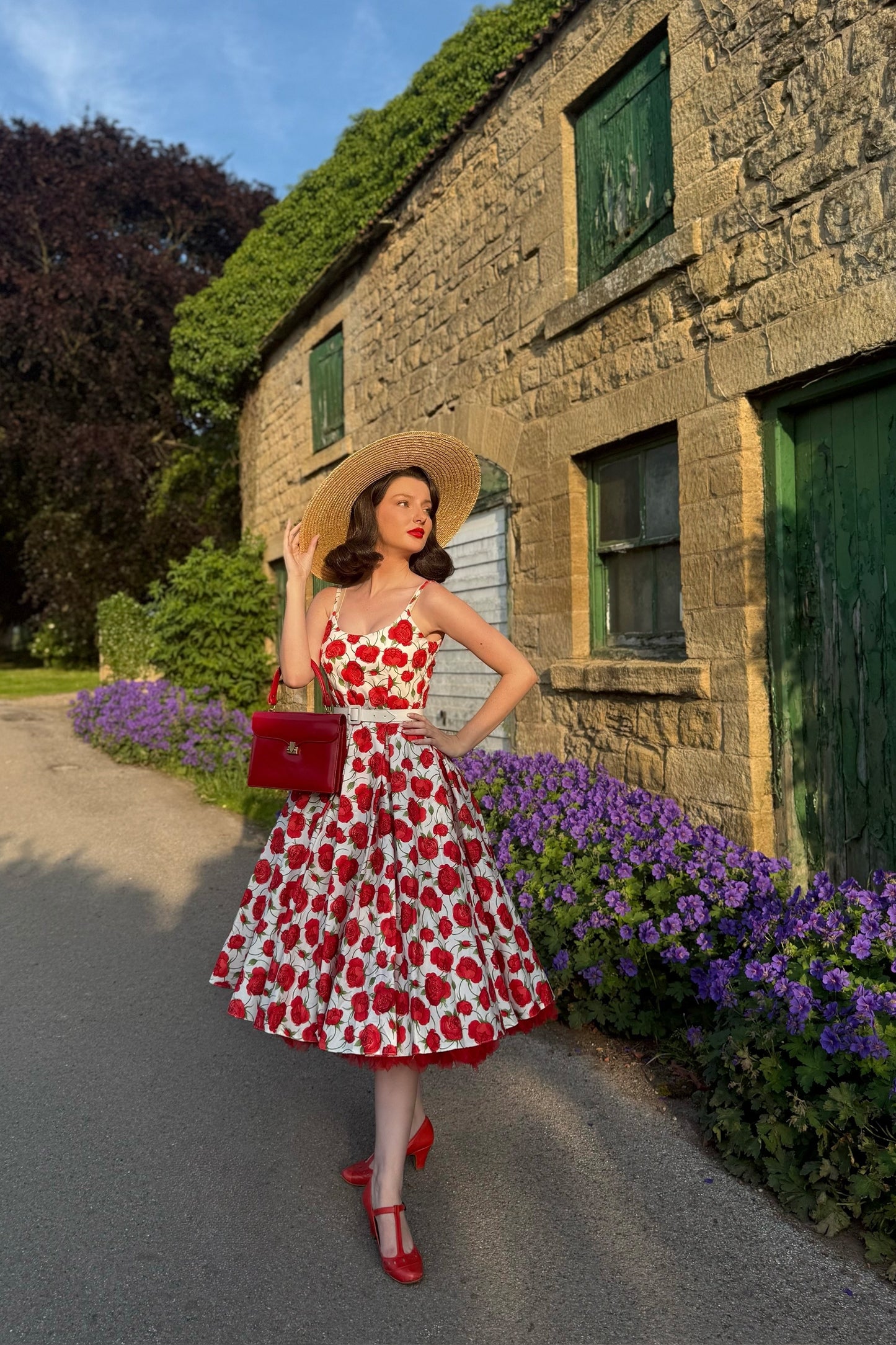 Priscilla Red Rose Cotton Midi Dress