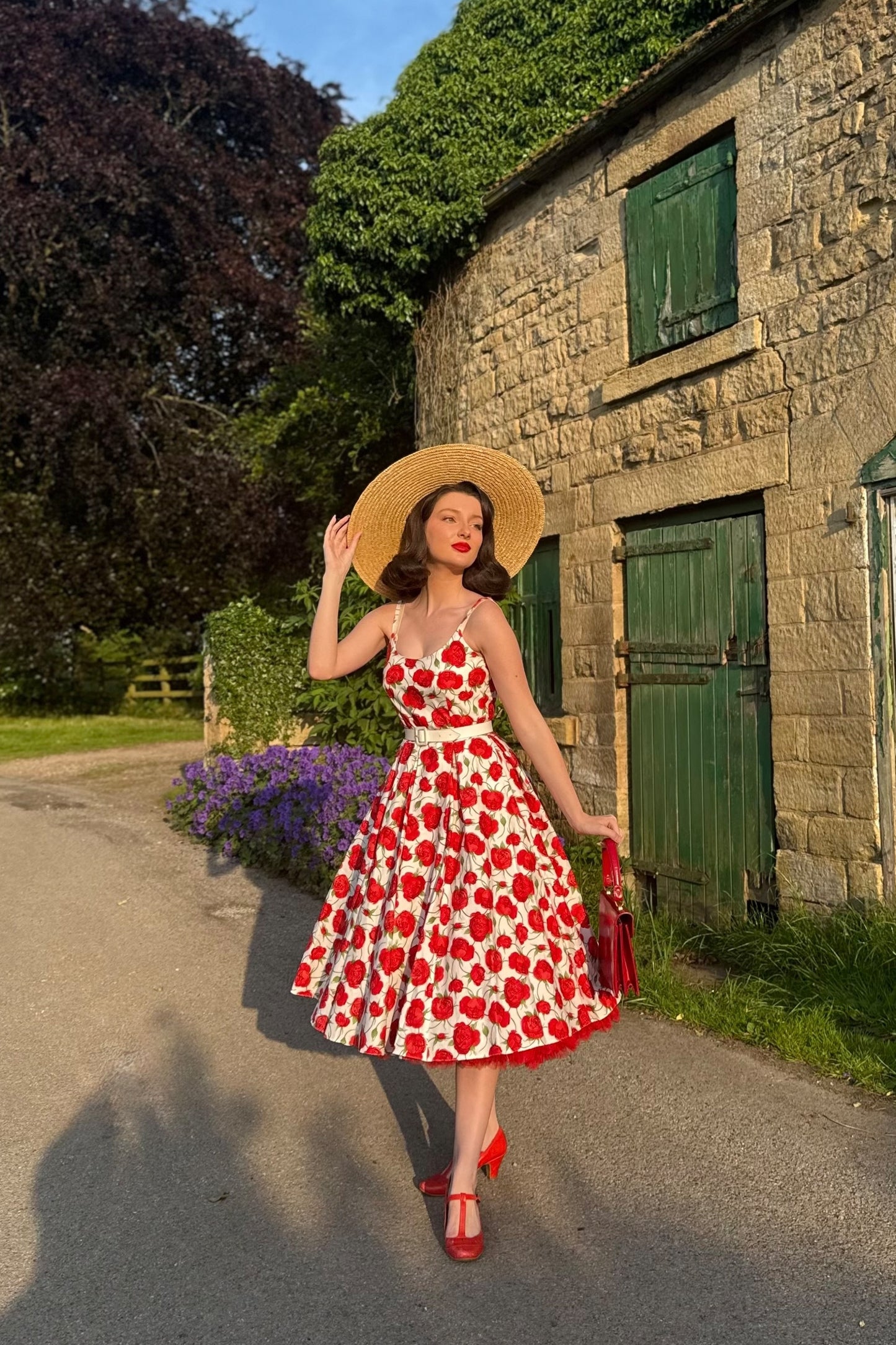 Priscilla Red Rose Cotton Midi Dress