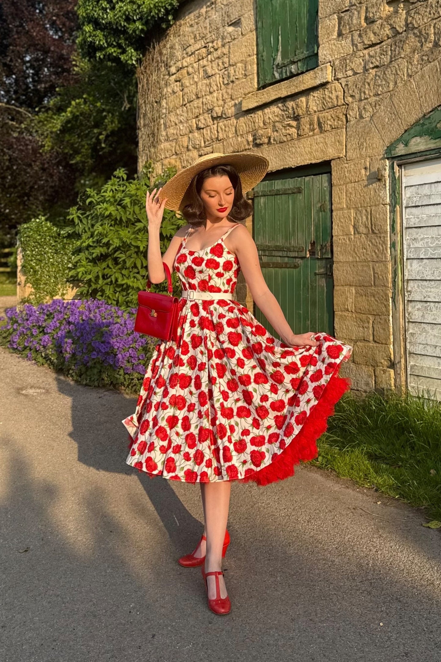 Priscilla Red Rose Cotton Midi Dress