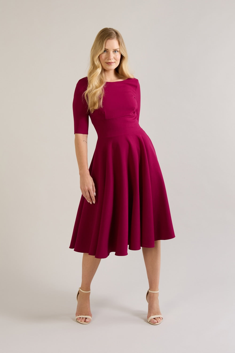 Hepburn Swing Dress with full circle skirt and high neckline – vintage occasion wear by The Pretty Dress Company