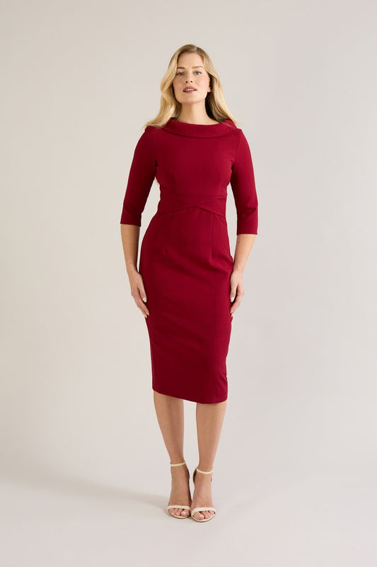 Kennedy Roll Collar Pencil Dress in ivory stretch crepe – vintage-inspired occasion-wear by The Pretty Dress Company