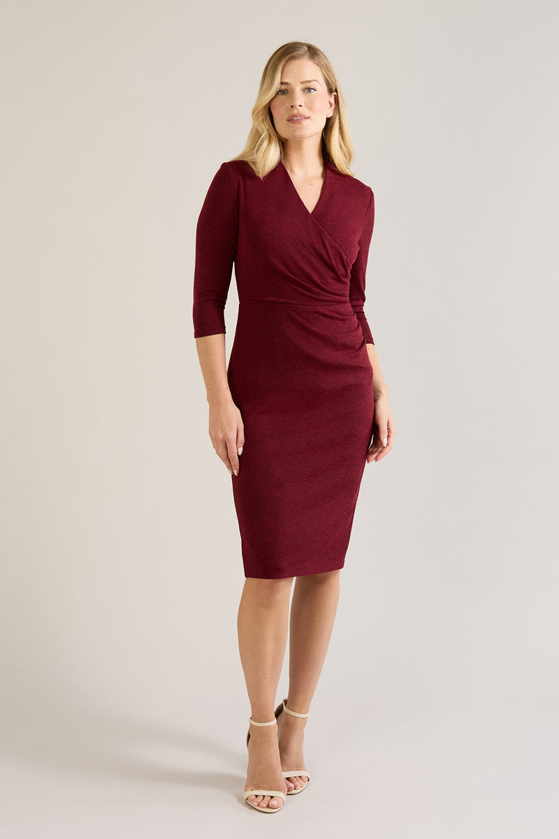 Tegan Wrap Top Fine Knit Pencil Dress - Bordeaux