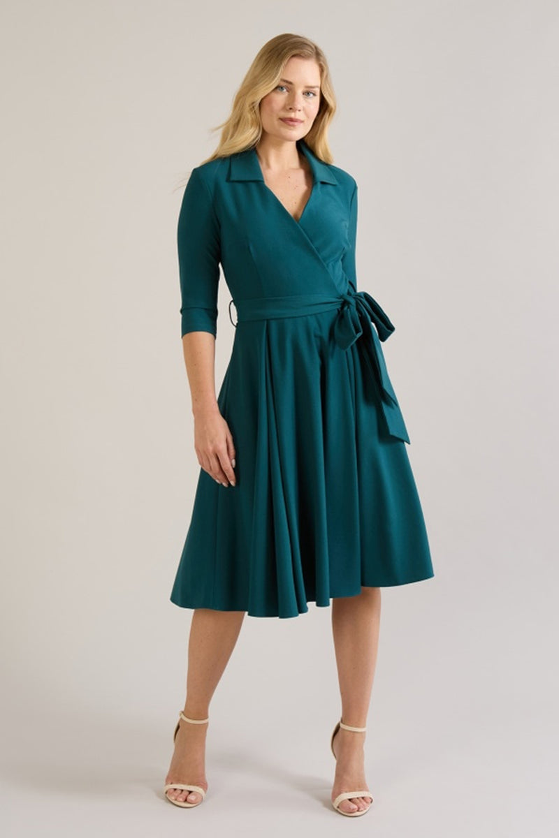 Lucille Faux Wrap Shirt Swing Dress - Teal