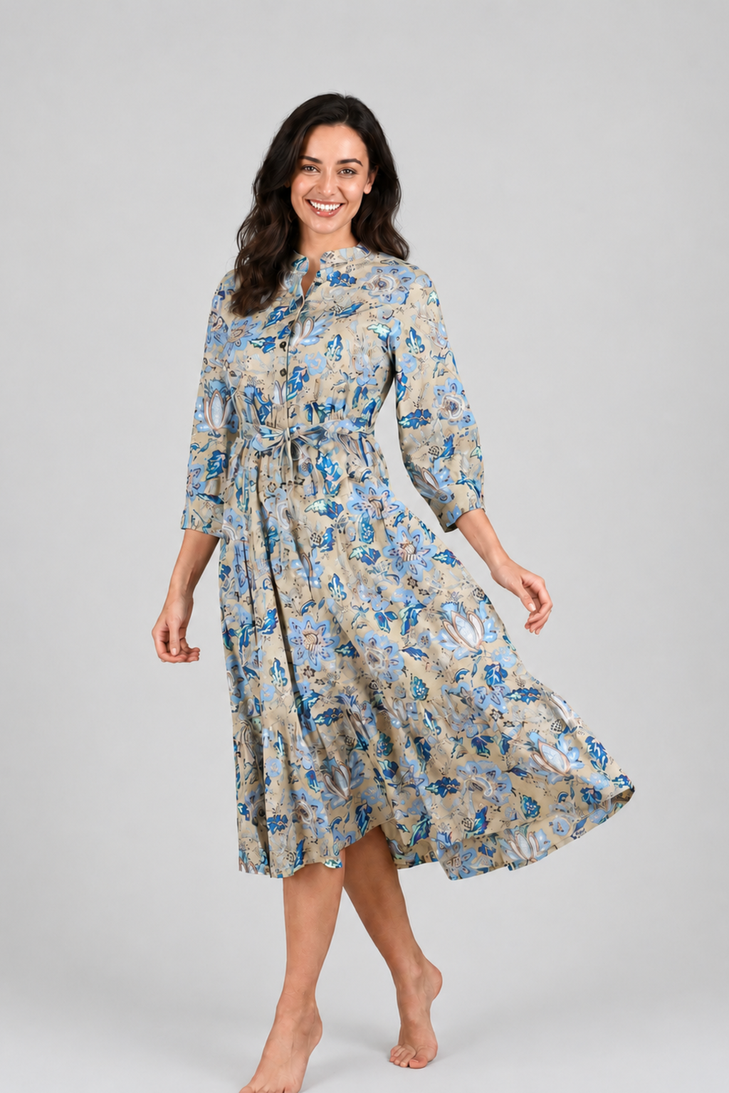 Cotton Floral Shirt Midi Dress