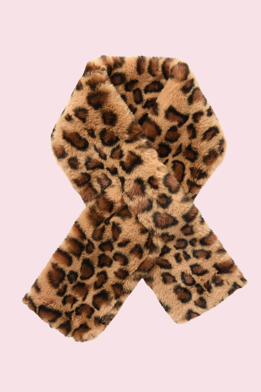 Maple Brown Leopard Print Faux Fur Tippet scarf with soft plush texture and crossed ends on a pale pink background.