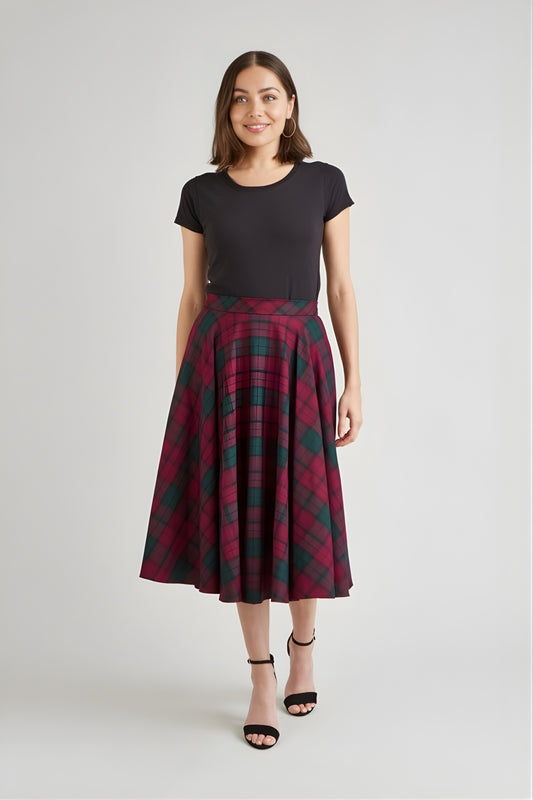 TPDC Berry & Forest Tartan Midi Skirt