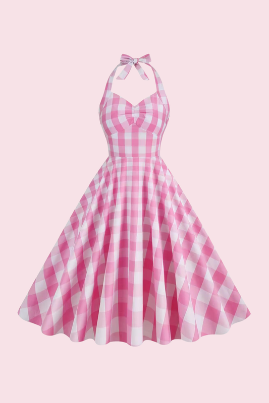 Dixie Gingham Pale Pink Halter Swing Dress