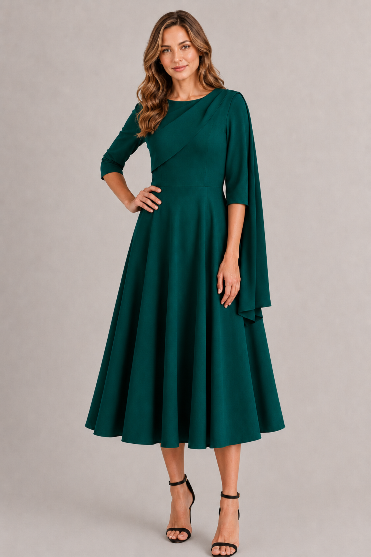 Forest Green Bel-Air Swing Dress with three-quarter sleeves and swing skirt