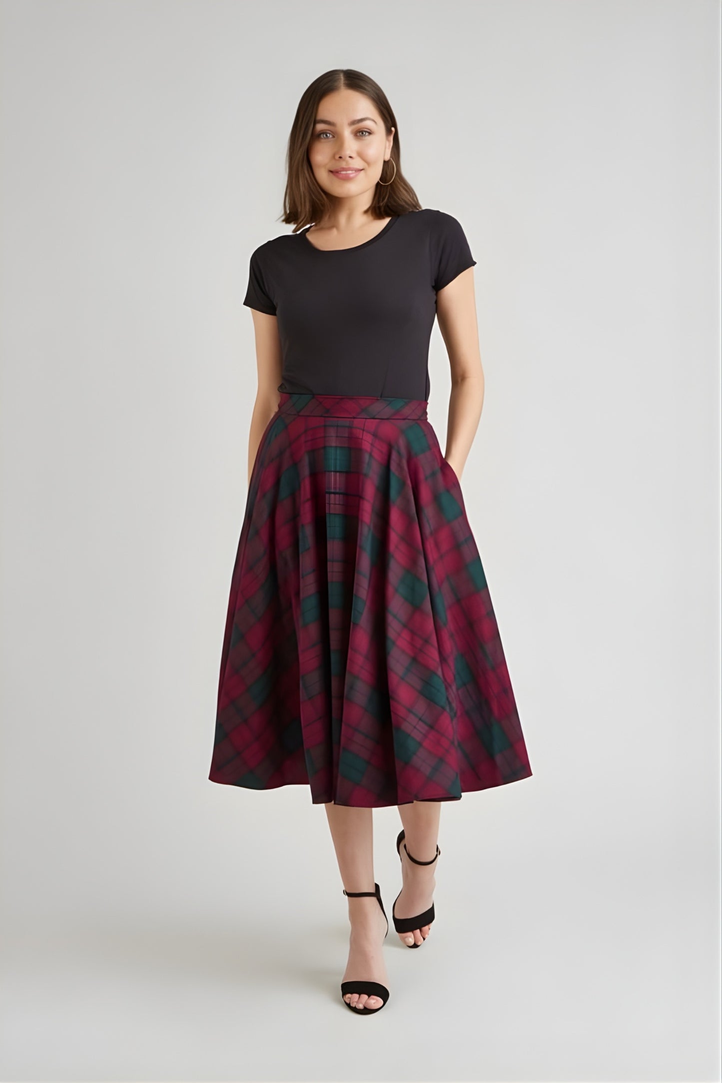 TPDC Berry & Forest Tartan Midi Skirt