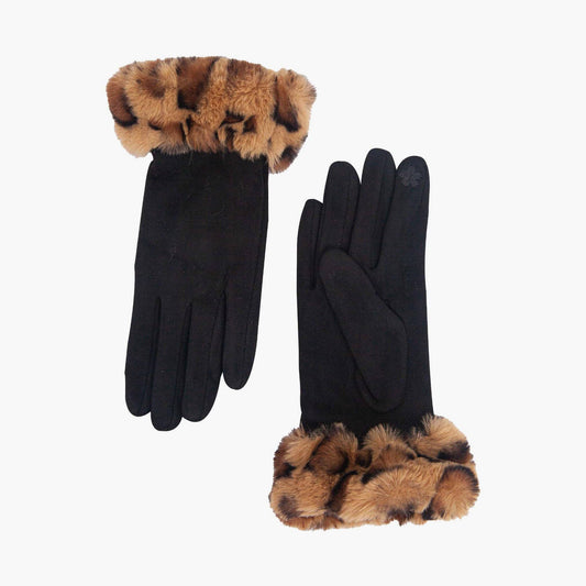 Faux Fur Cuff Gloves- Black, Leopard Faux Fur