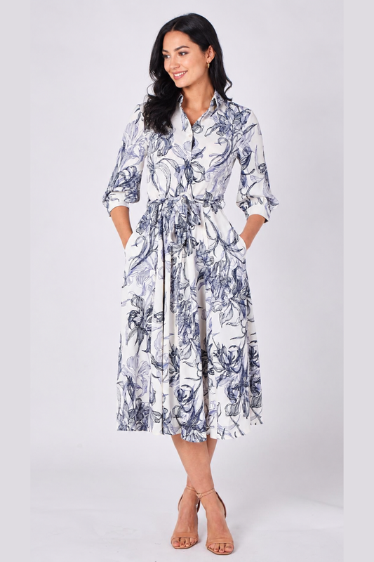 Ivory & Blue Floral Shirt Midi Dress