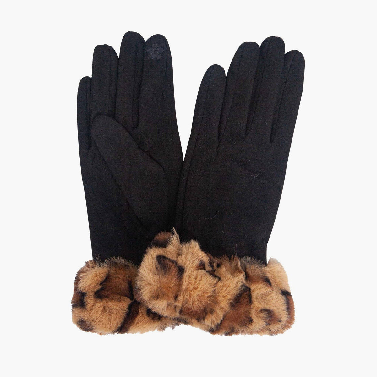 Black gloves with leopard print cuffs on a white background