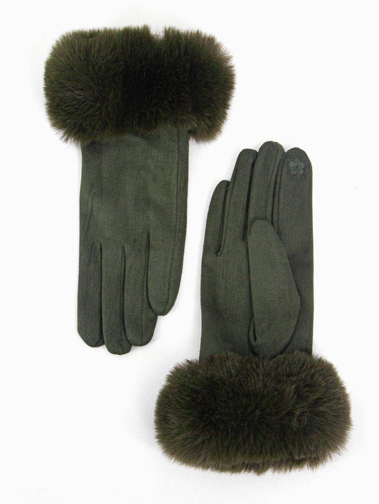Faux Fur Cuff Gloves - Khaki, Velvet