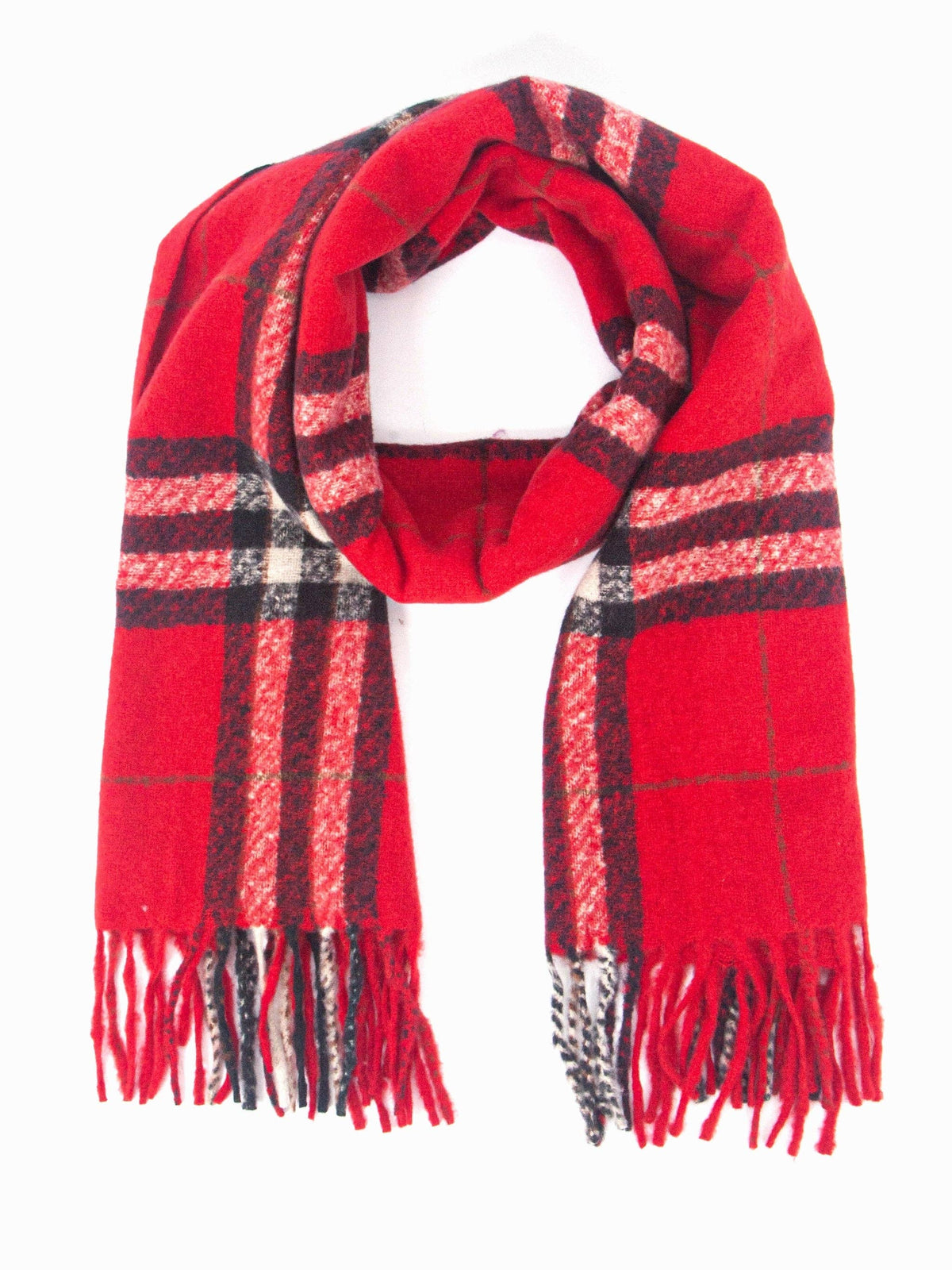 Red plaid scarf with black and white accents on a white background
