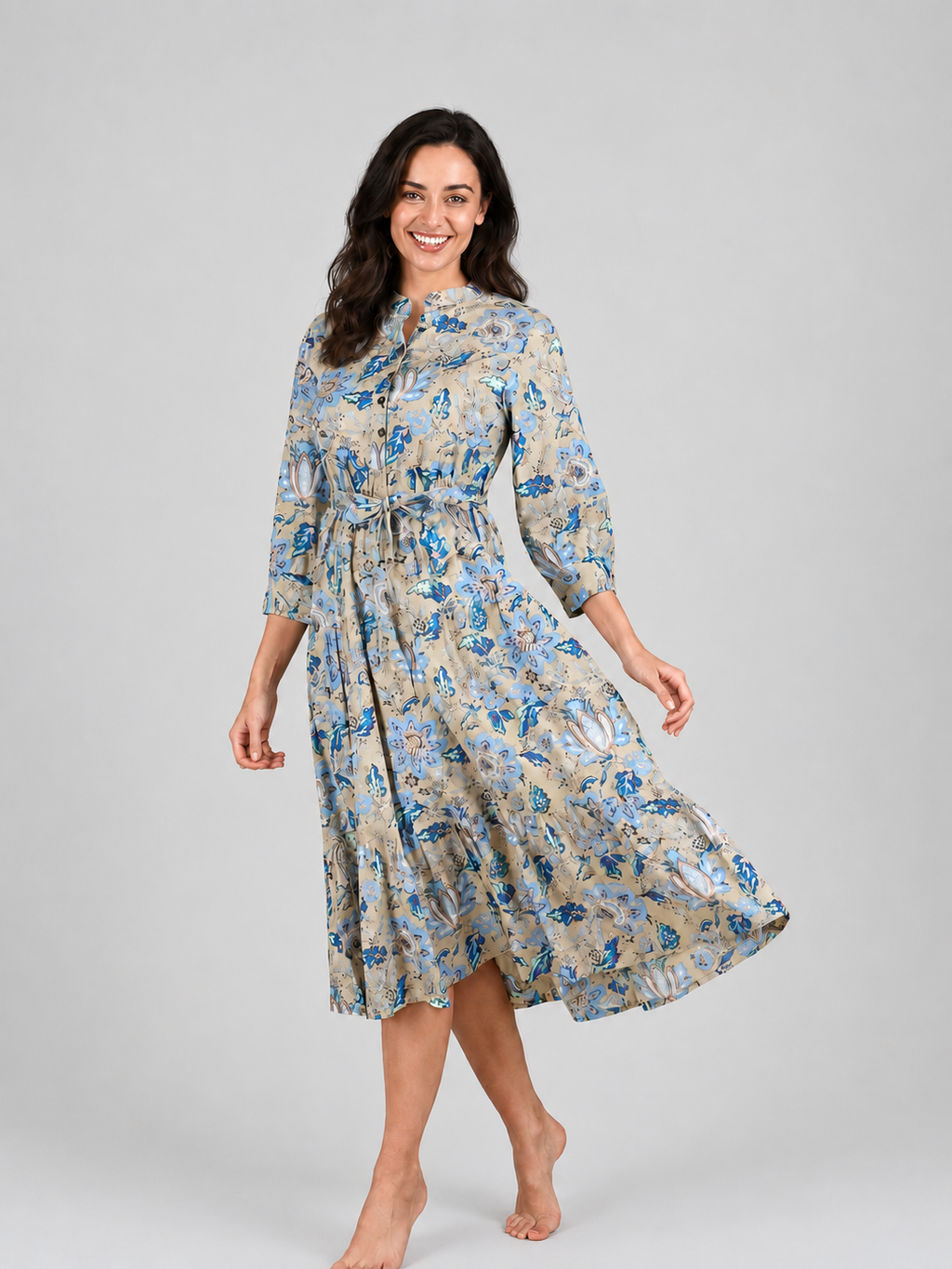 Cotton Floral Shirt Midi Dress