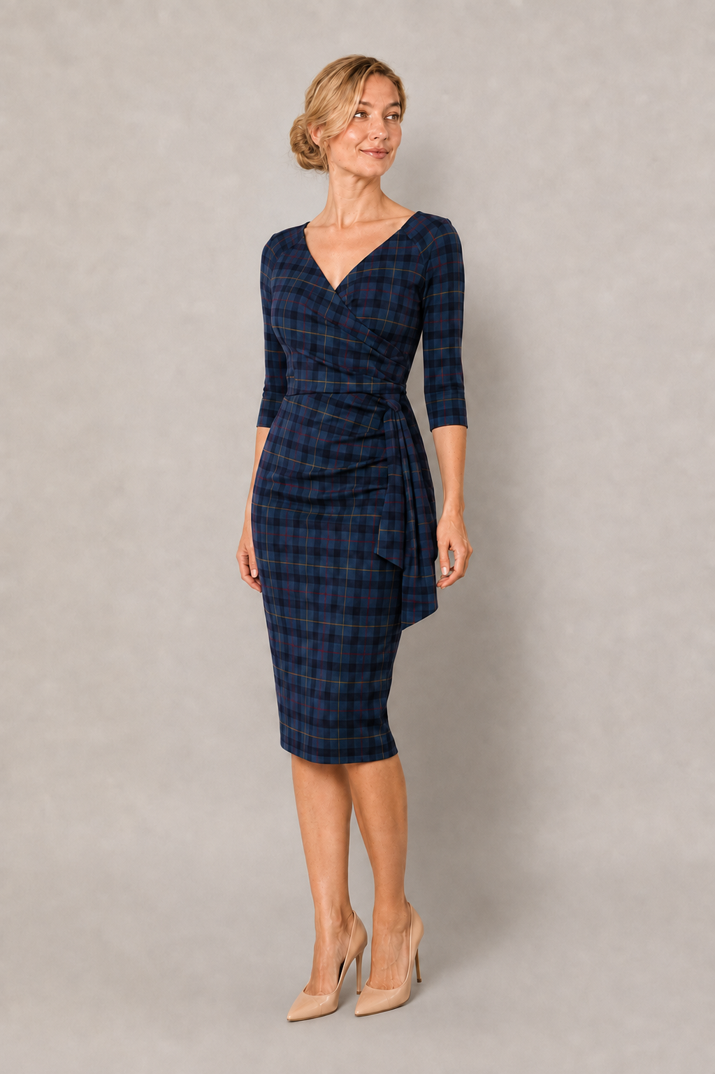 Hourglass Tartan 3/4 Sleeve Pencil Dress