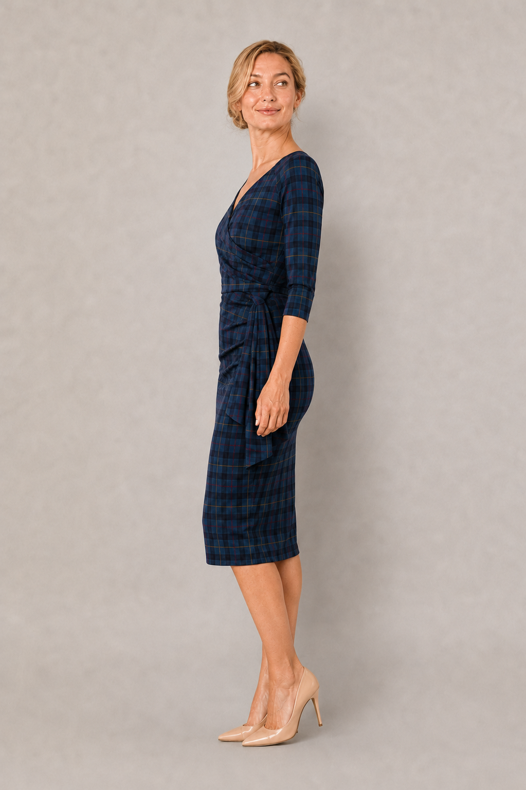 Hourglass Tartan 3/4 Sleeve Pencil Dress