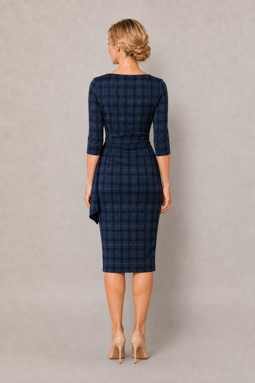 Hourglass Tartan 3/4 Sleeve Pencil Dress