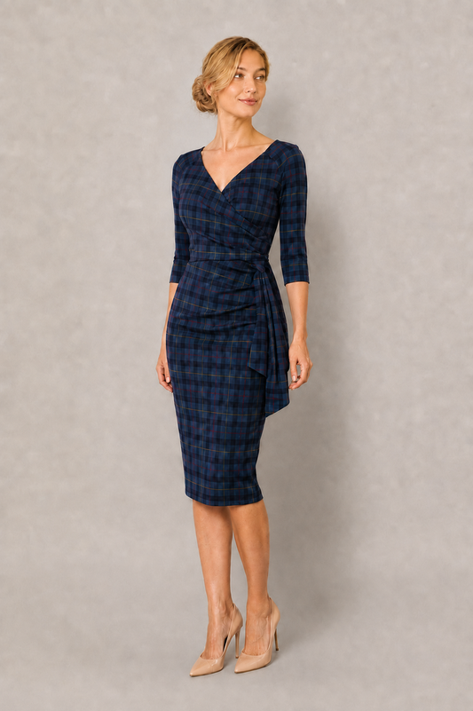 Hourglass Tartan 3/4 Sleeve Pencil Dress