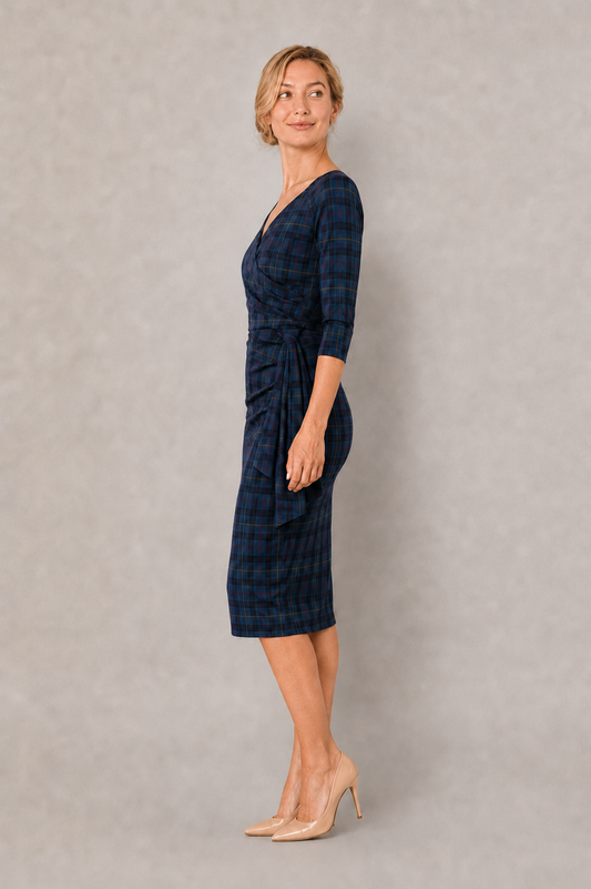 Hourglass Tartan 3/4 Sleeve Pencil Dress