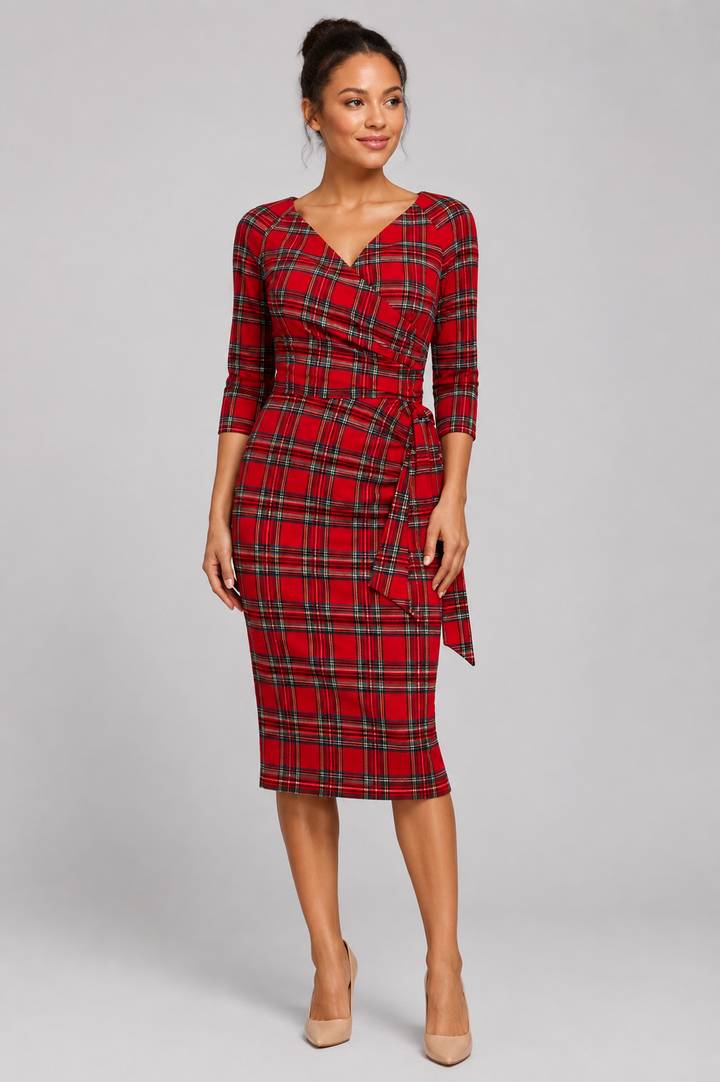 Hourglass Tartan 3/4 Sleeve Pencil Dress