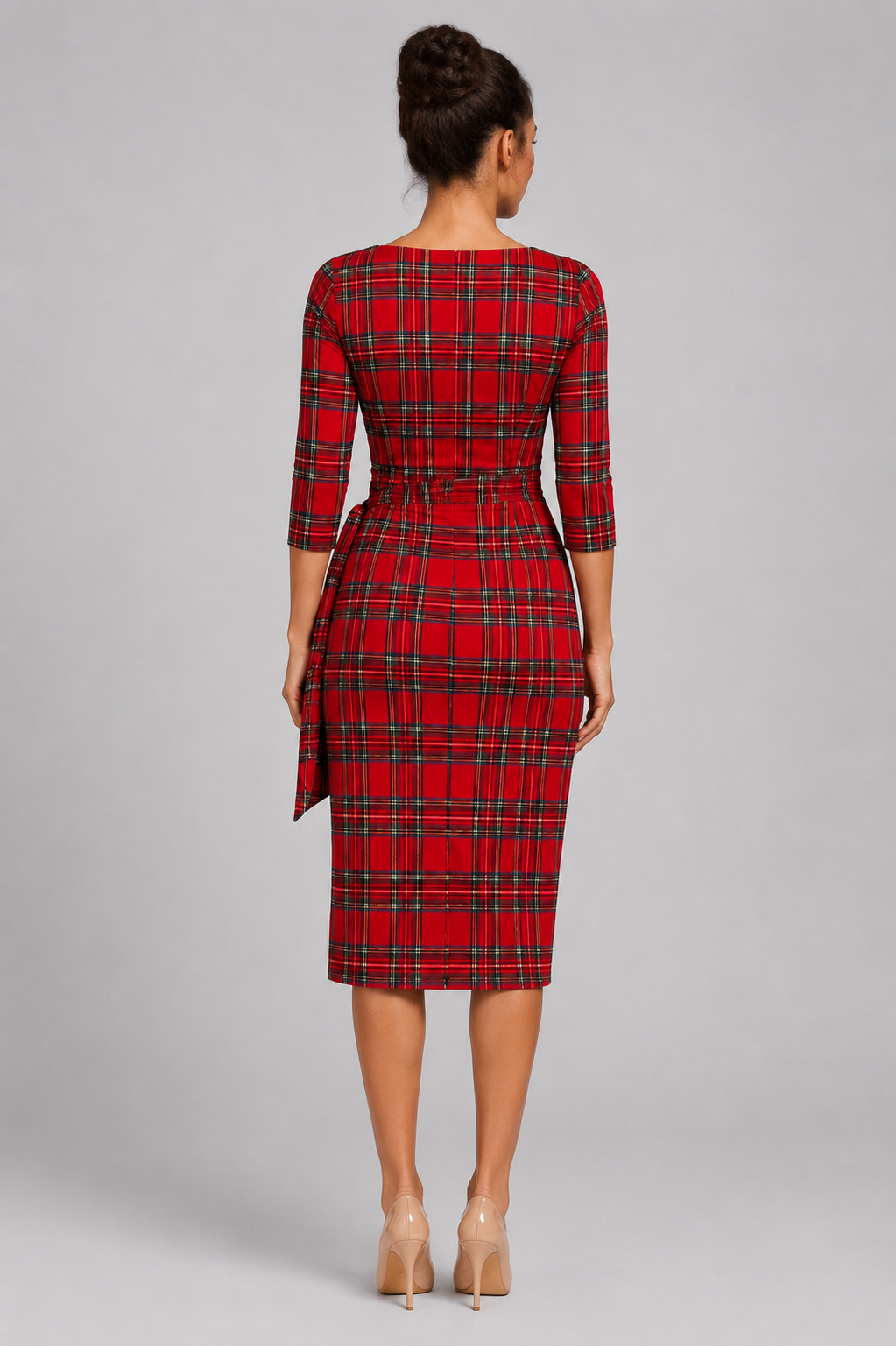 Hourglass Tartan 3/4 Sleeve Pencil Dress
