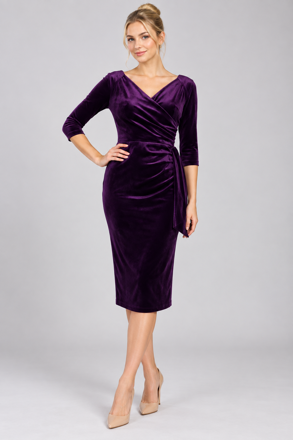 Hourglass Velvet 3/4 Sleeve Pencil Dress
