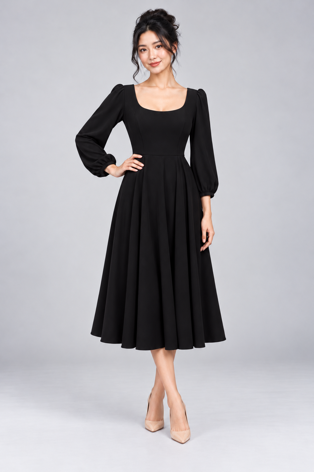 Black Josette Corset Swing Dress with fitted bodice, gathered sleeves and full vintage-style skirt.