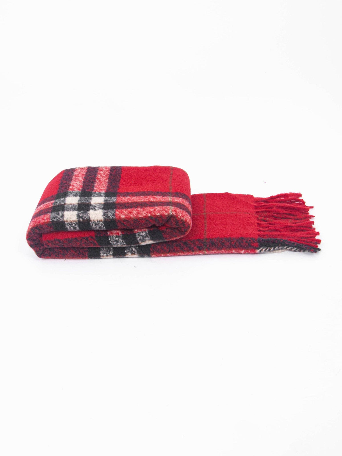 Red plaid scarf with fringes on a white background