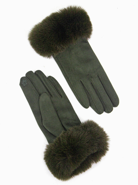 Faux Fur Cuff Gloves - Khaki, Velvet