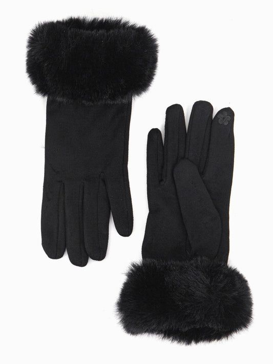 Faux Fur Cuff Gloves - Black, Velvet