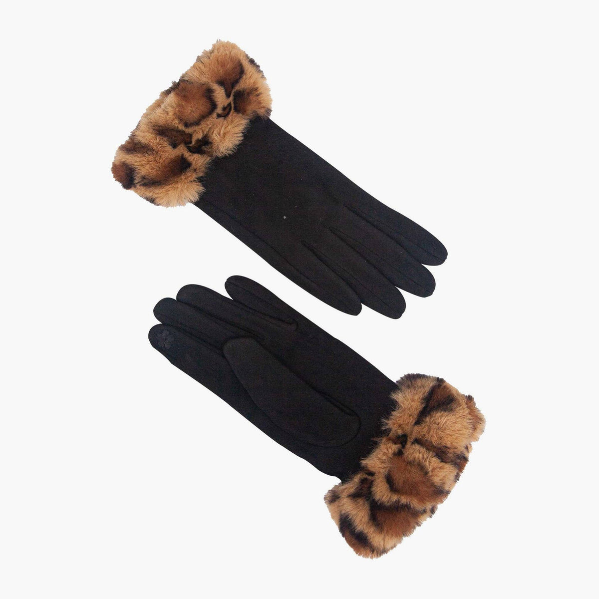 A pair of black gloves with brown and black leopard-print faux fur cuffs, displayed on a light gray background.