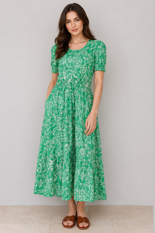 Emerald Cotton Floral Tiered Dress